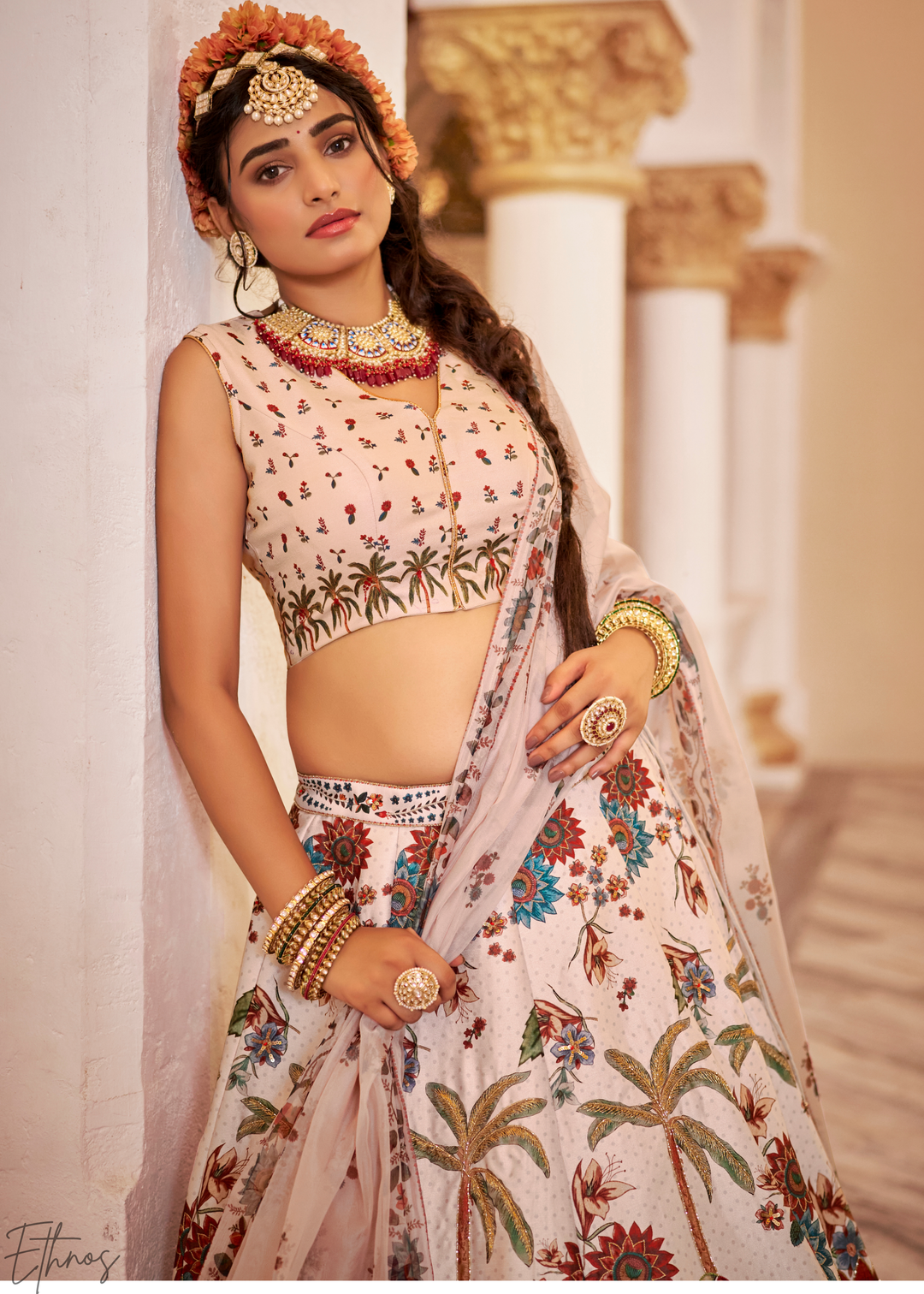 Blush Ivory Architectural-Print Silk Lehenga