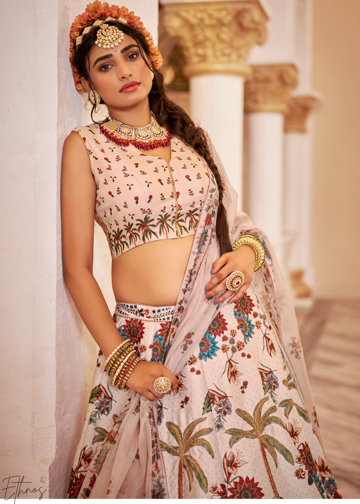 Blush Ivory Architectural-Print Silk Lehenga