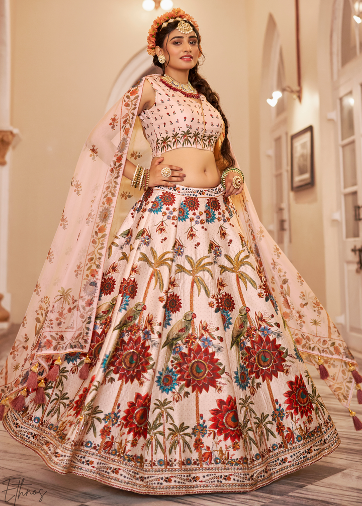 Blush Ivory Architectural-Print Silk Lehenga