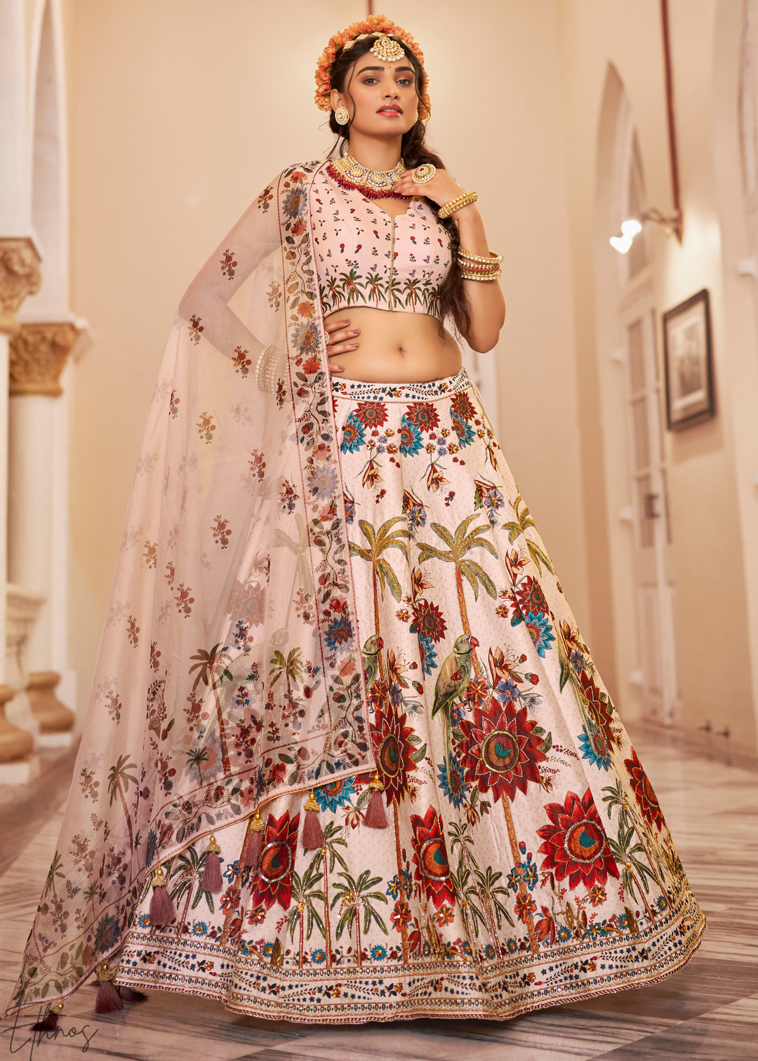 Blush Ivory Architectural-Print Silk Lehenga