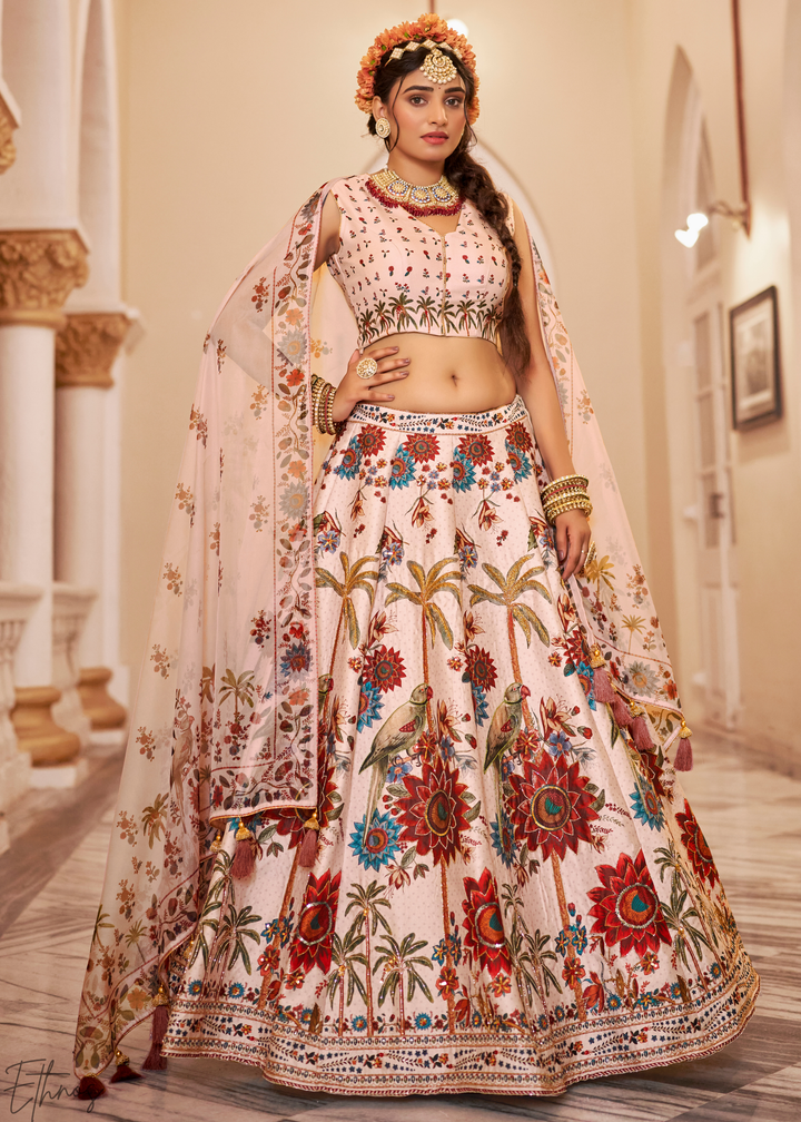 Blush Ivory Architectural-Print Silk Lehenga