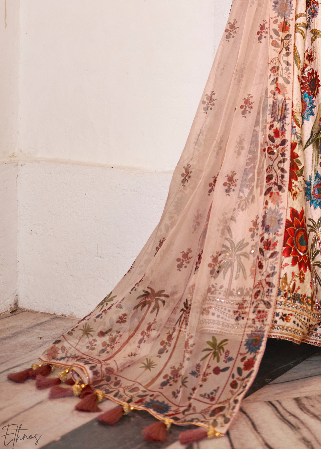 Blush Ivory Architectural-Print Silk Lehenga