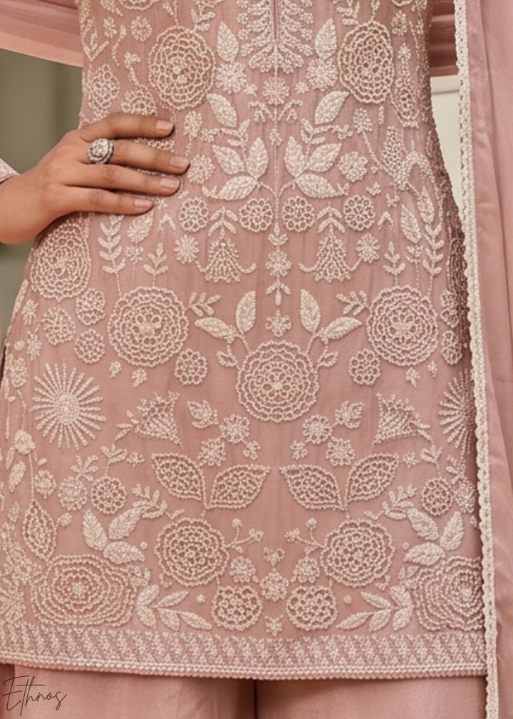 Blush Pink Beaded-Breeze Chinon Sharara Suit