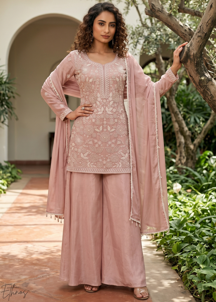 Blush Pink Beaded-Breeze Chinon Sharara Suit