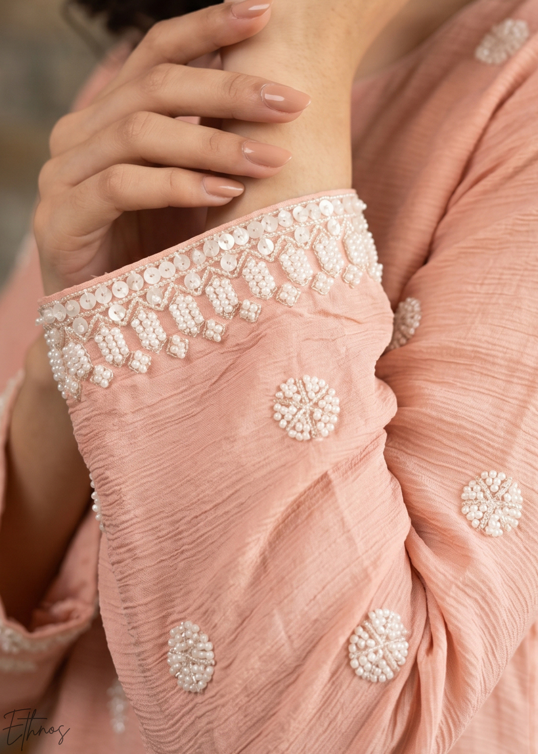 Blush Pink Beaded-Breeze Chinon Sharara Suit