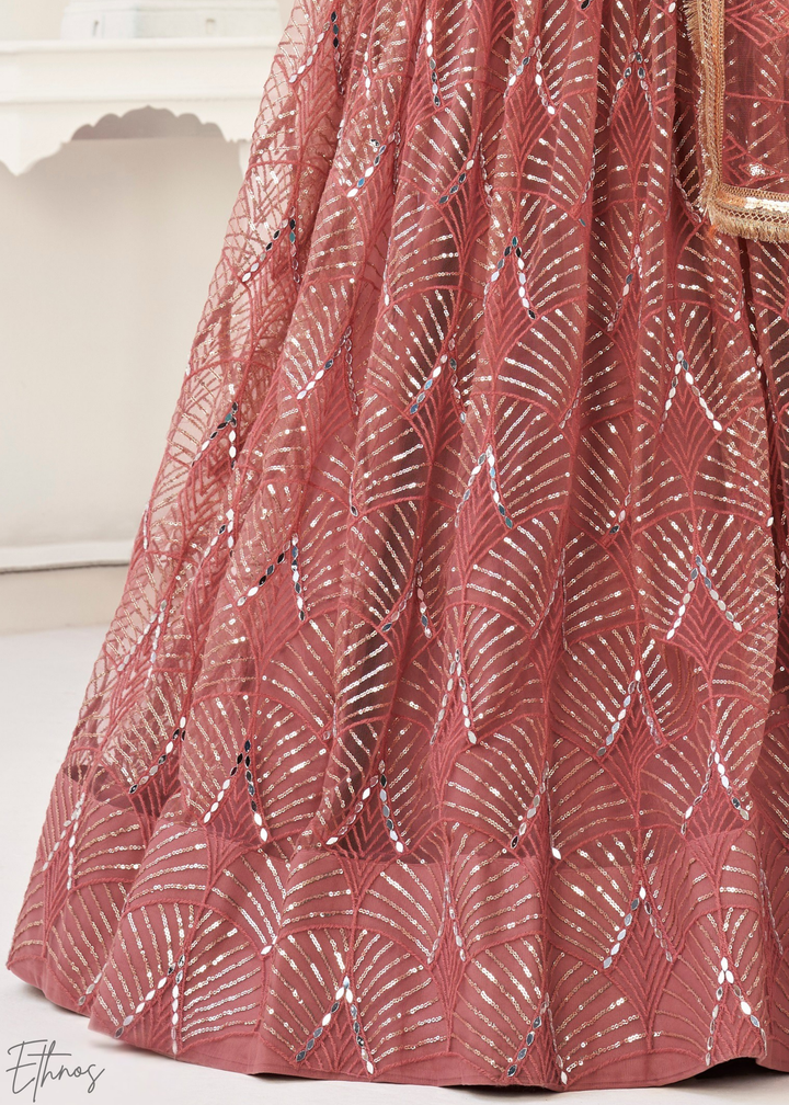 Blush Pink Chevron Tiers Net Lehenga