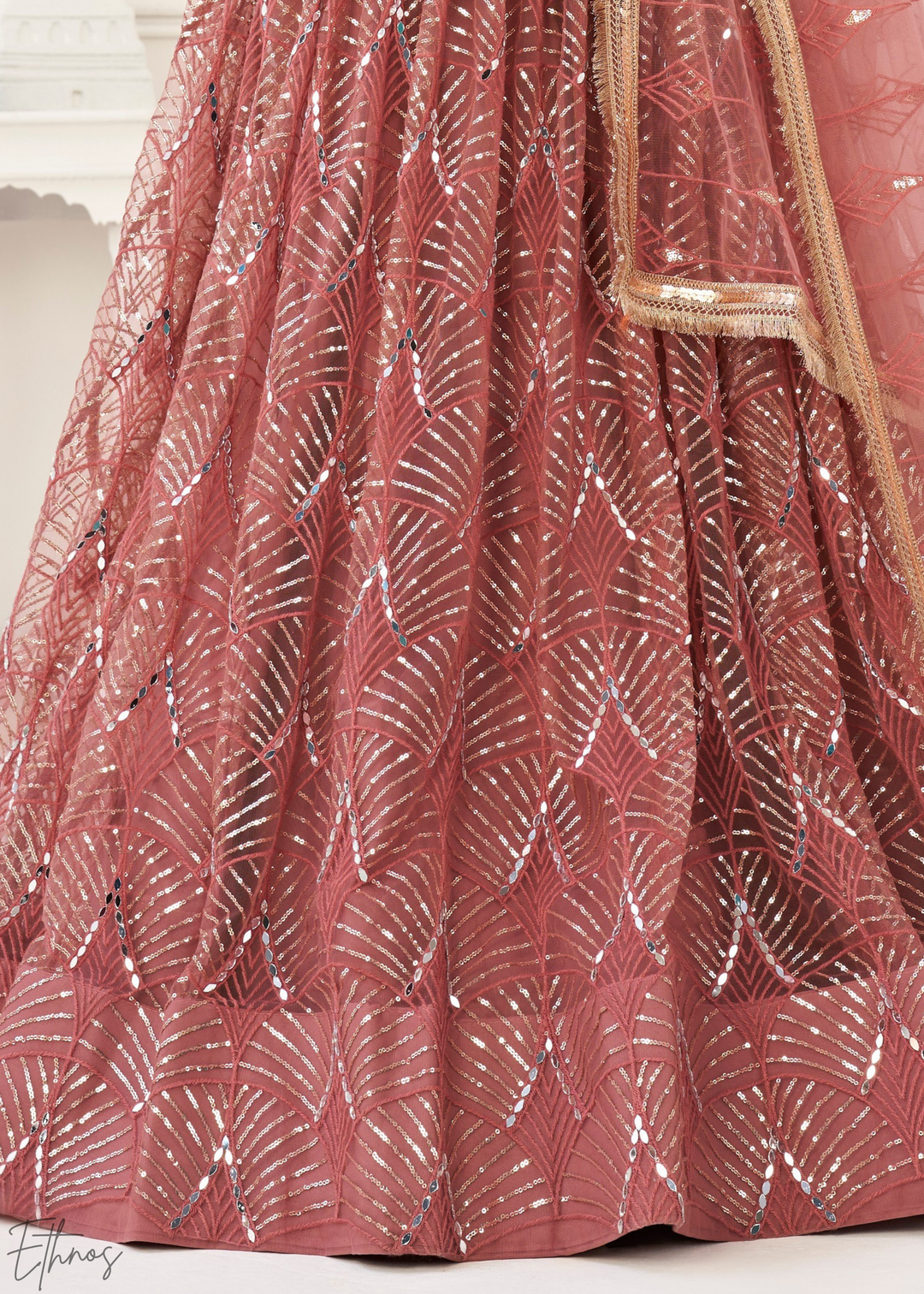 Blush Pink Chevron Tiers Net Lehenga