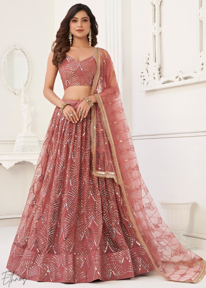 Blush Pink Chevron Tiers Net Lehenga