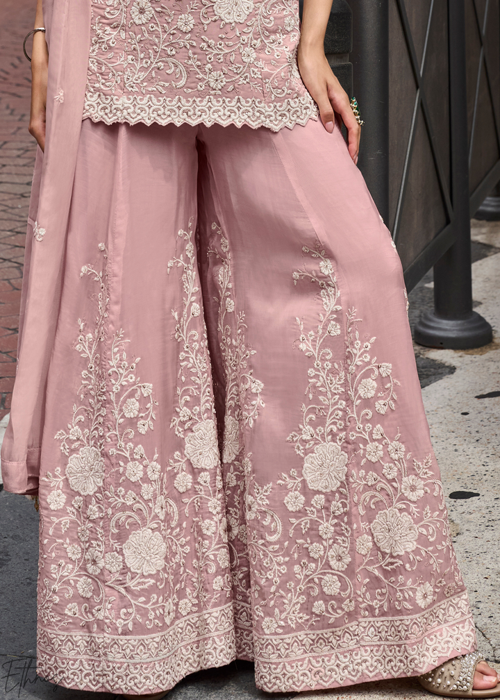 Blush Pink Chikankari Embroidered Mul Silk Palazzo Suit