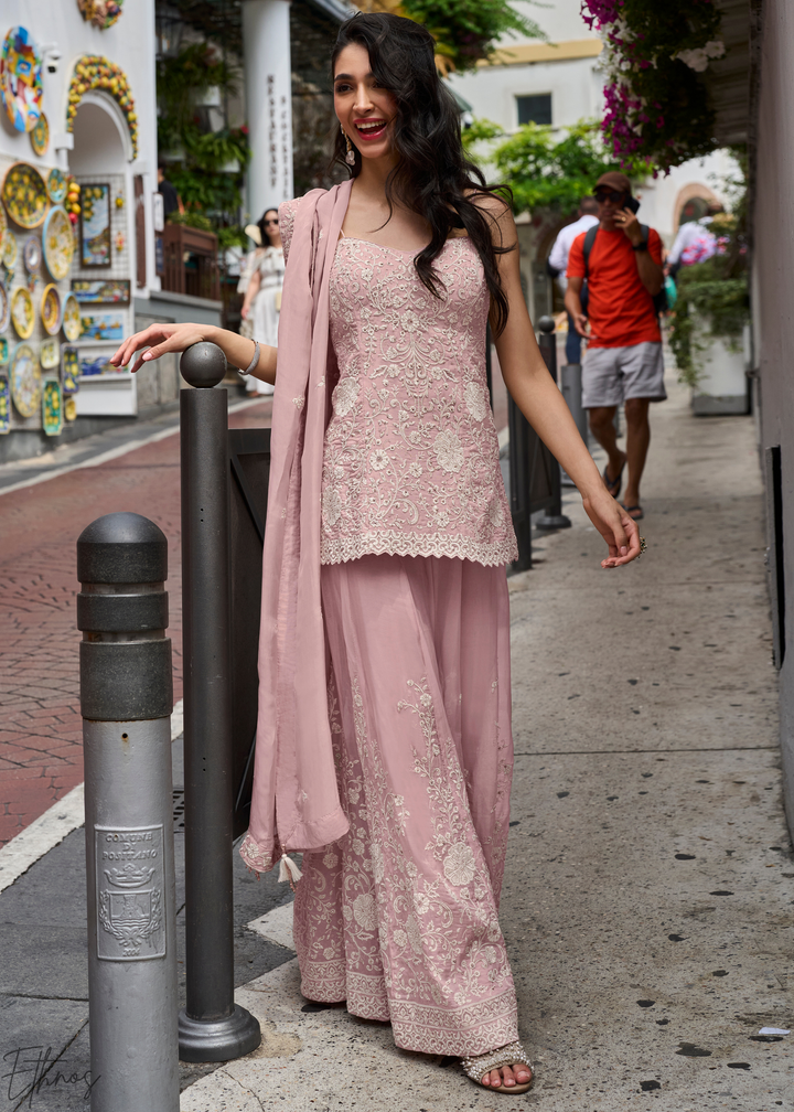 Blush Pink Chikankari Embroidered Mul Silk Palazzo Suit