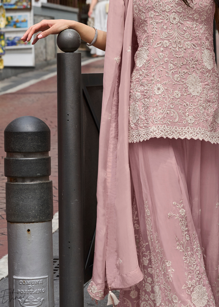 Blush Pink Chikankari Embroidered Mul Silk Palazzo Suit