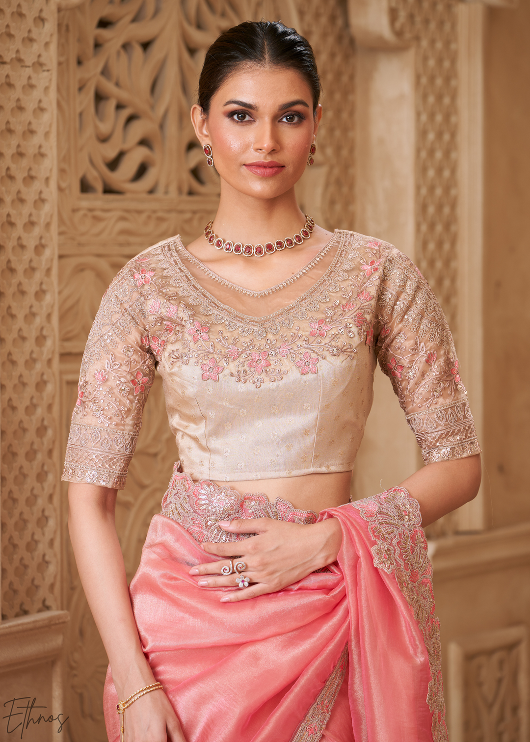 Blush Pink Classic Border Satin Georgette Saree