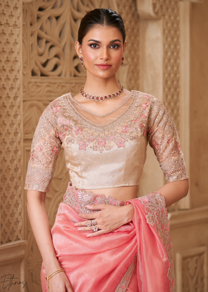 Blush Pink Classic Border Satin Georgette Saree