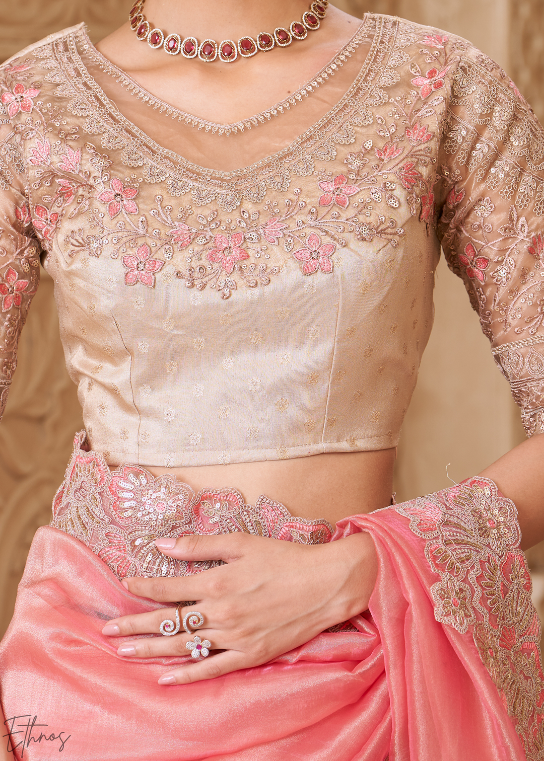 Blush Pink Classic Border Satin Georgette Saree