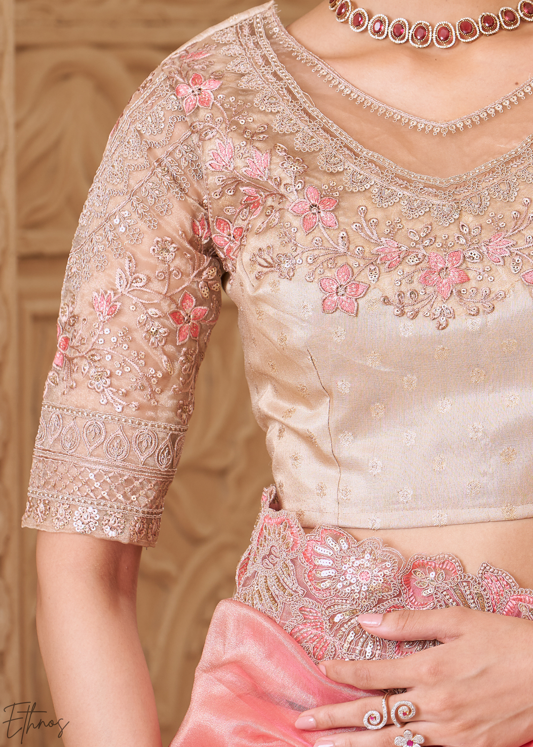 Blush Pink Classic Border Satin Georgette Saree
