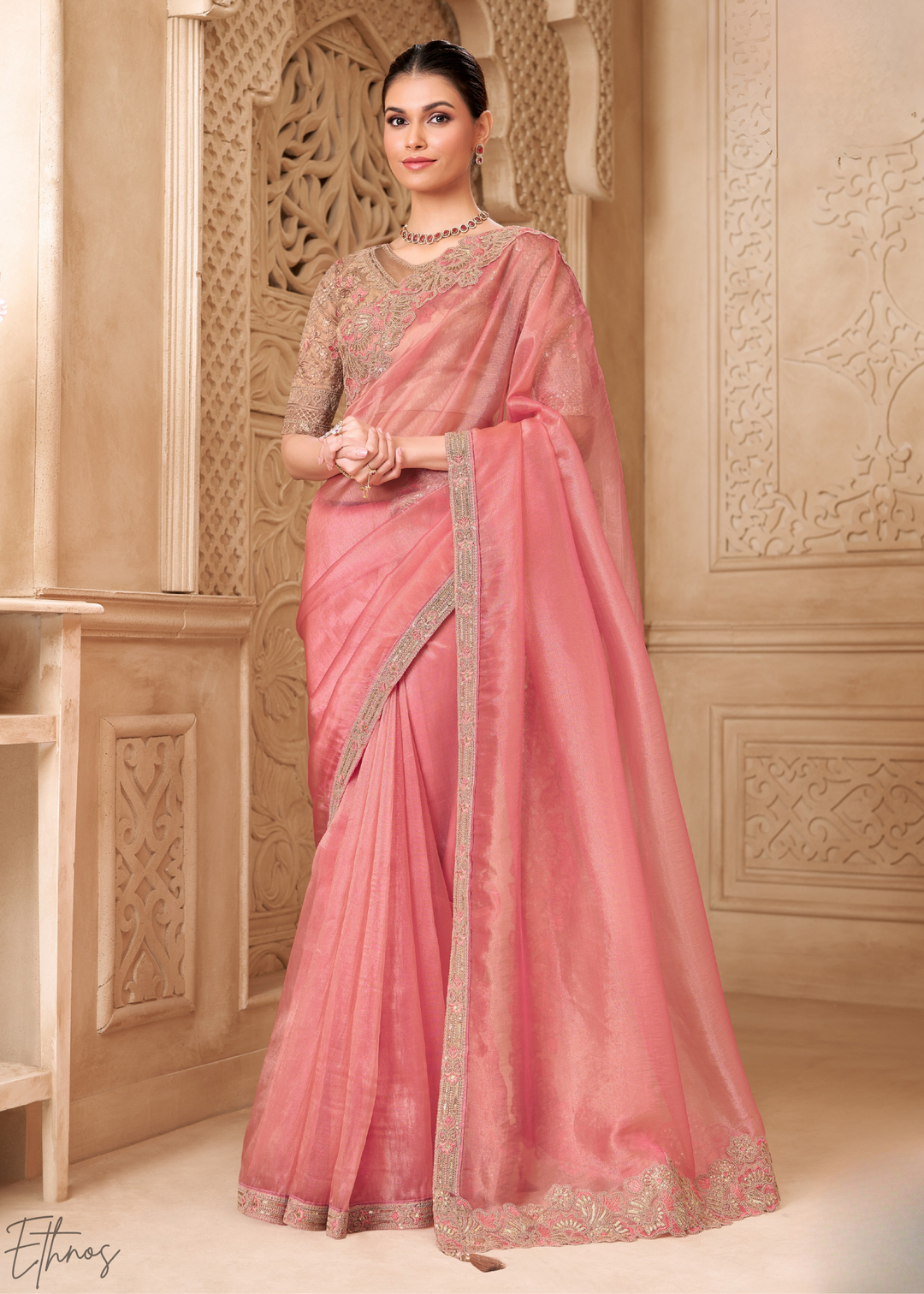 Blush Pink Classic Border Satin Georgette Saree