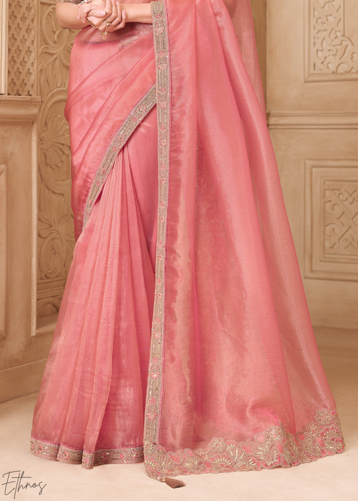Blush Pink Classic Border Satin Georgette Saree