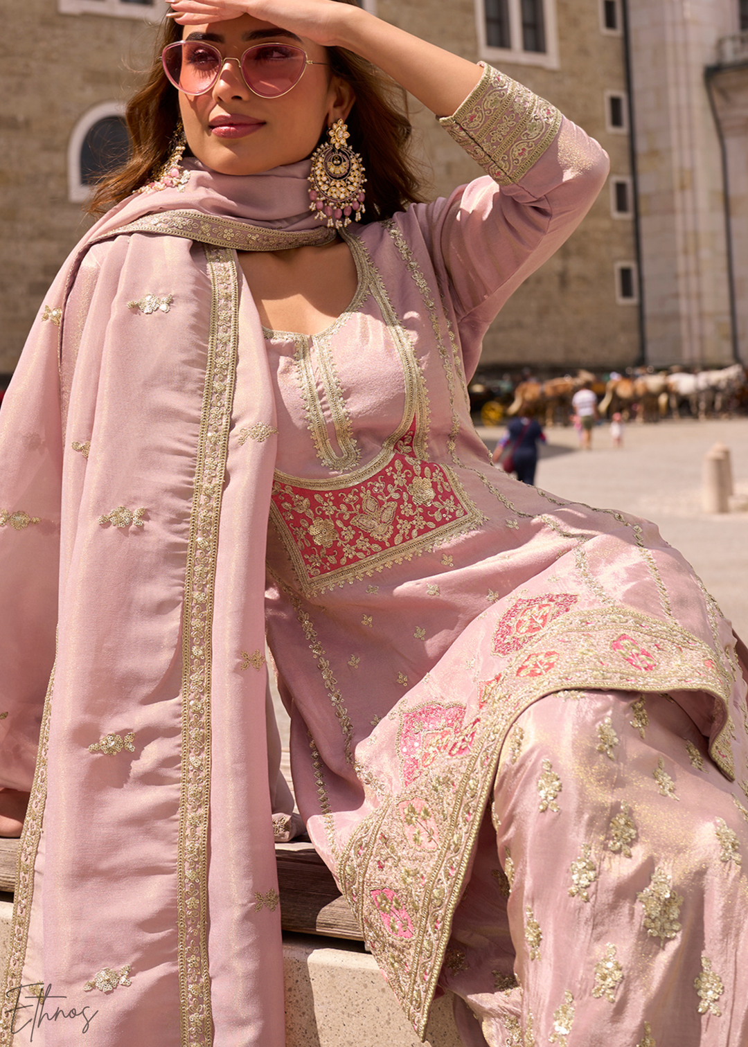 Blush Pink Embroidered Simar Silk Palazzo Suit