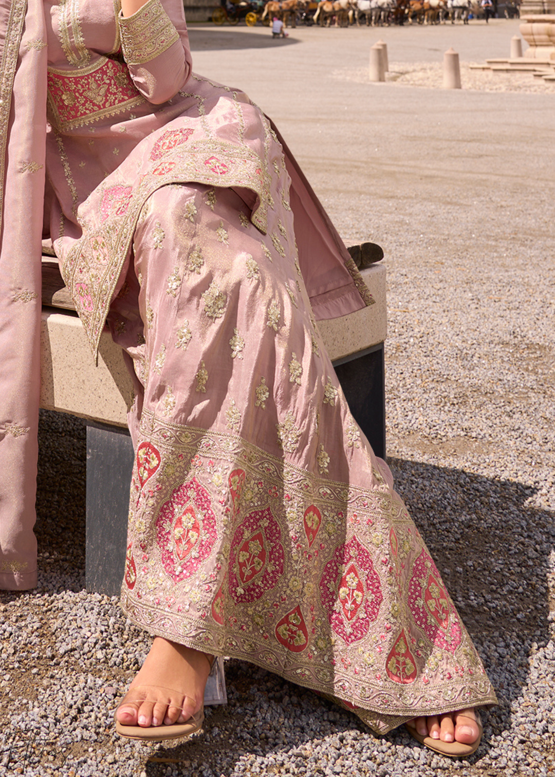 Blush Pink Embroidered Simar Silk Palazzo Suit