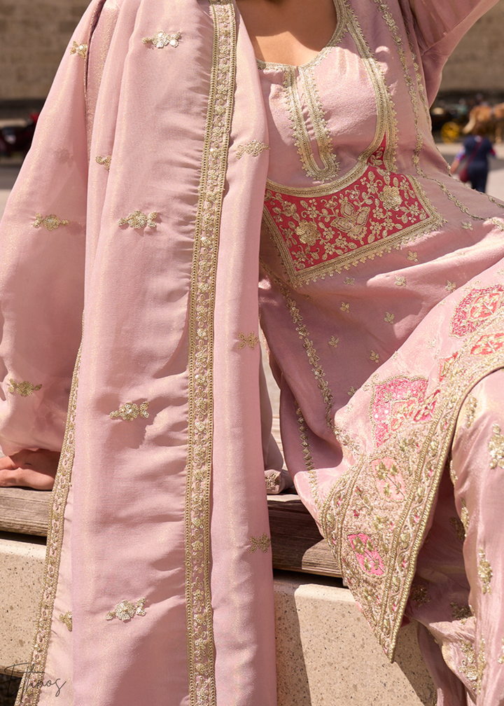 Blush Pink Embroidered Simar Silk Palazzo Suit