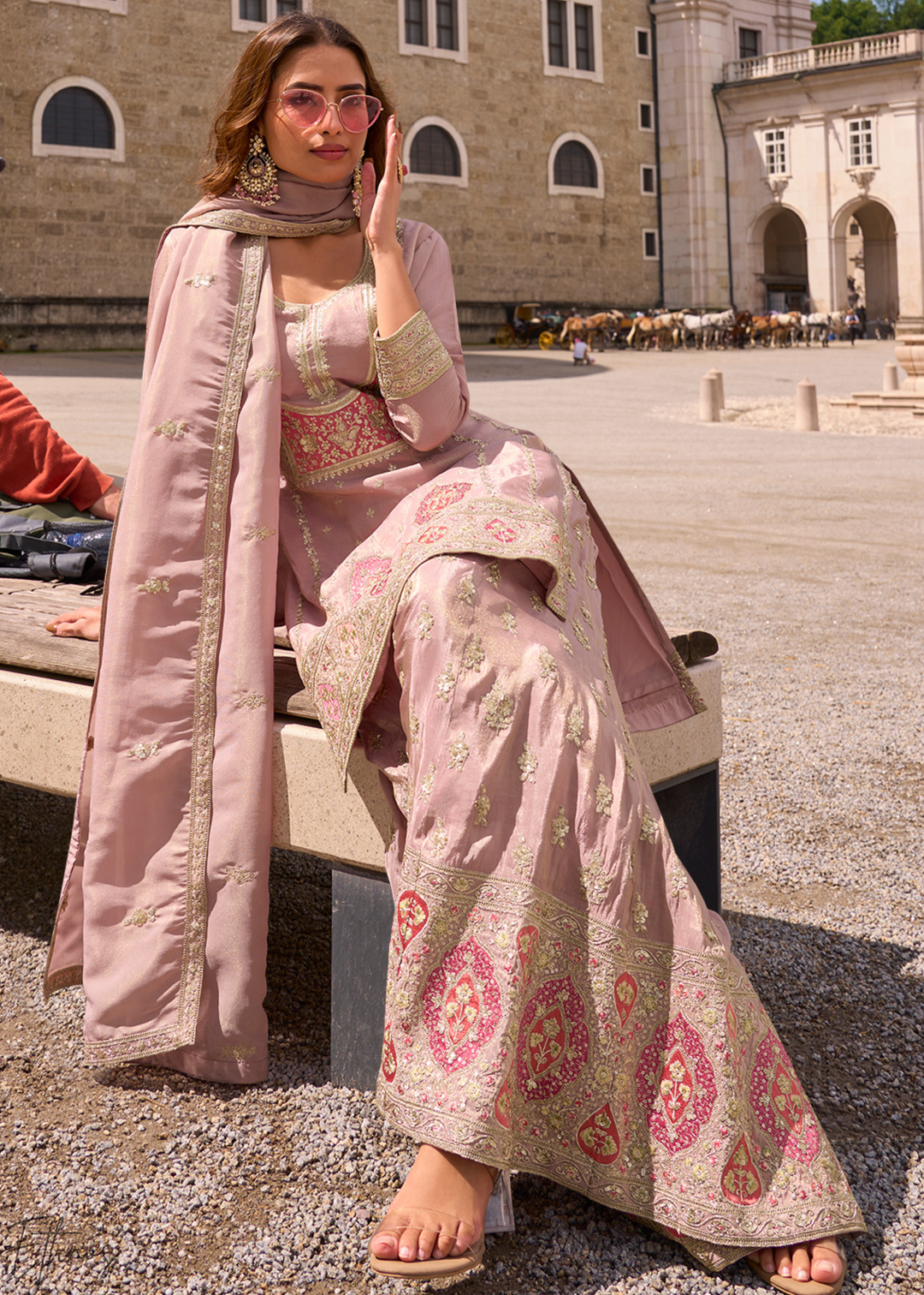 Blush Pink Embroidered Simar Silk Palazzo Suit