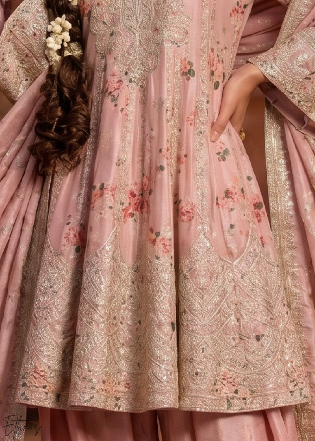 Blush Pink Floral-Printed & Embroidered Peplum Chinon Suit