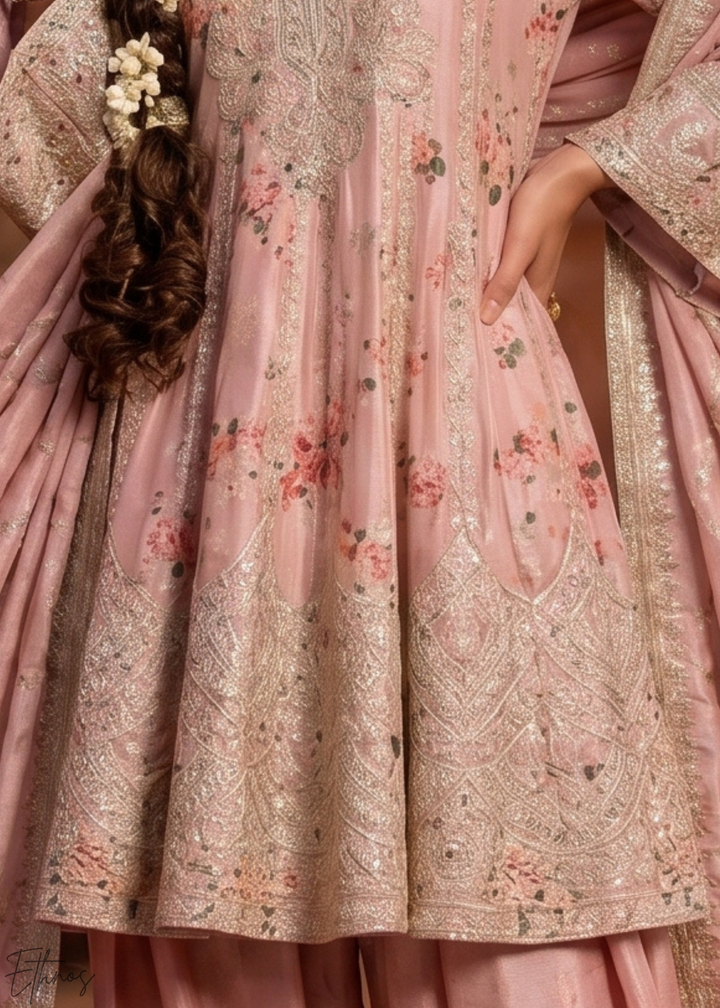 Blush Pink Floral-Printed & Embroidered Peplum Chinon Suit