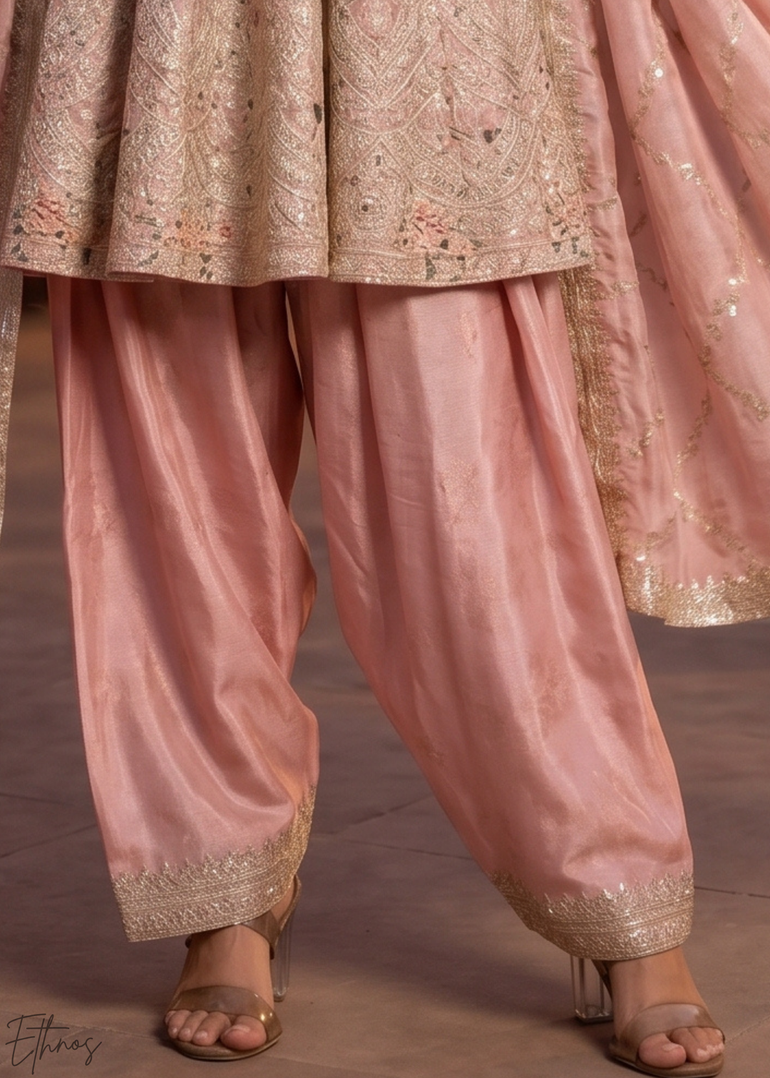 Blush Pink Floral-Printed & Embroidered Peplum Chinon Suit