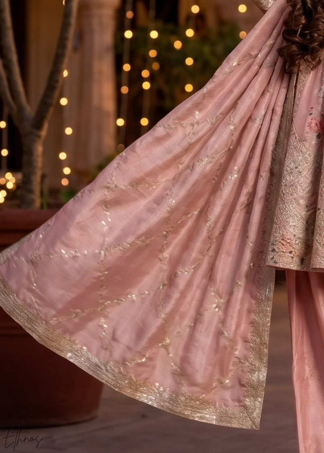 Blush Pink Floral-Printed & Embroidered Peplum Chinon Suit