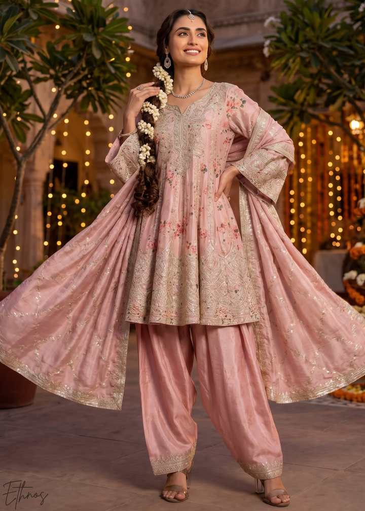 Blush Pink Floral-Printed & Embroidered Peplum Chinon Suit