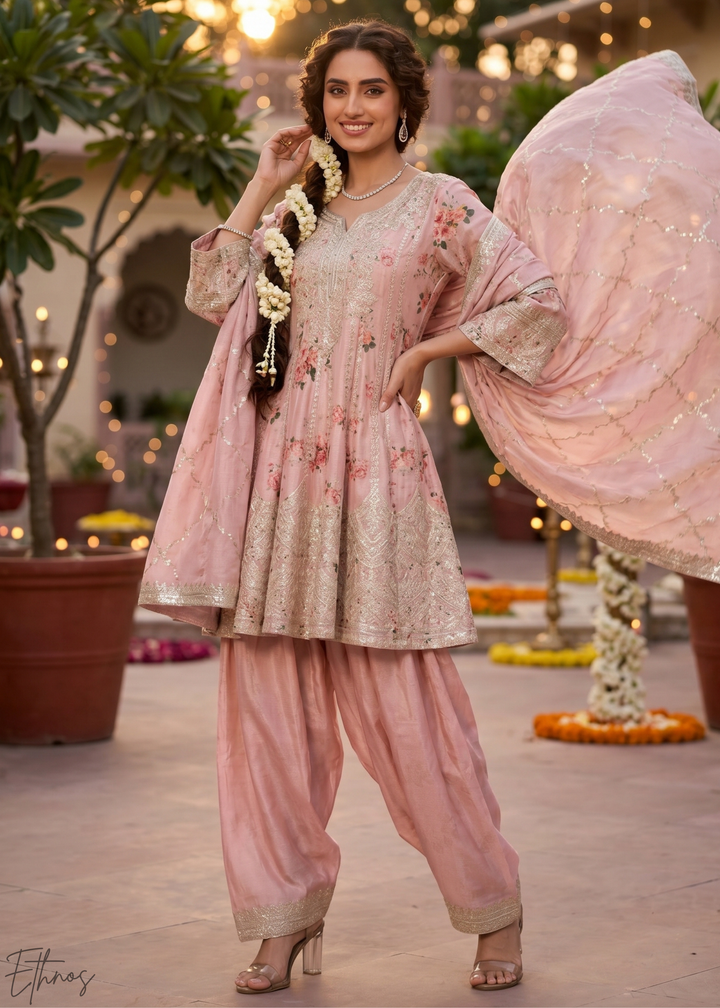 Blush Pink Floral-Printed & Embroidered Peplum Chinon Suit