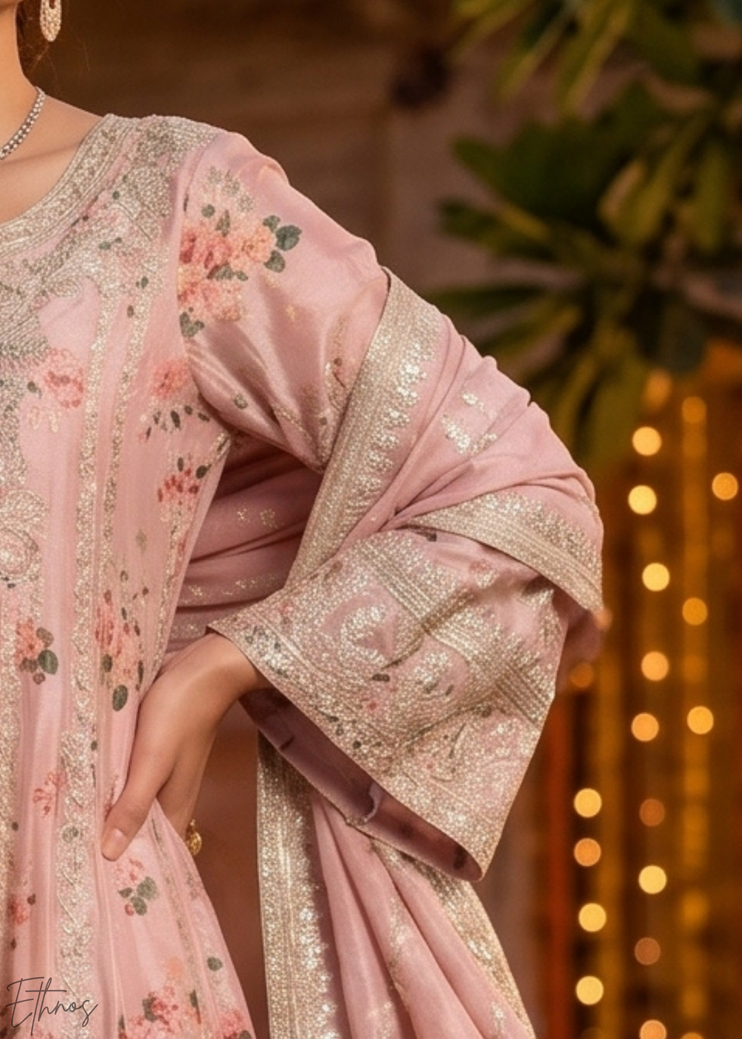 Blush Pink Floral-Printed & Embroidered Peplum Chinon Suit