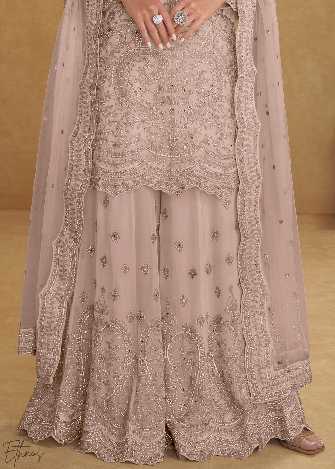 Blush Pink Floral Embroidered Net Sharara Suit