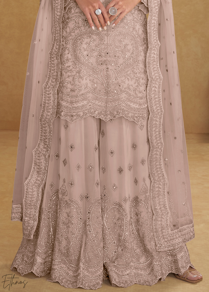 Blush Pink Floral Embroidered Net Sharara Suit
