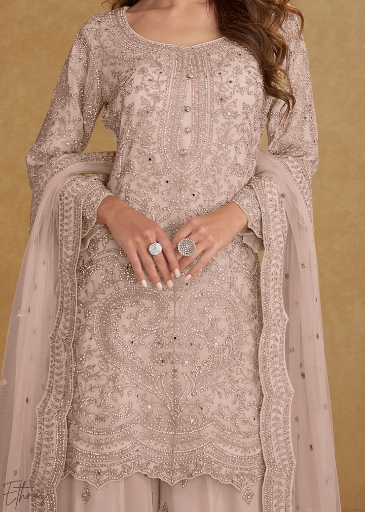 Blush Pink Floral Embroidered Net Sharara Suit