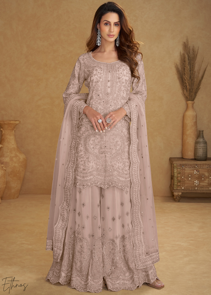 Blush Pink Floral Embroidered Net Sharara Suit