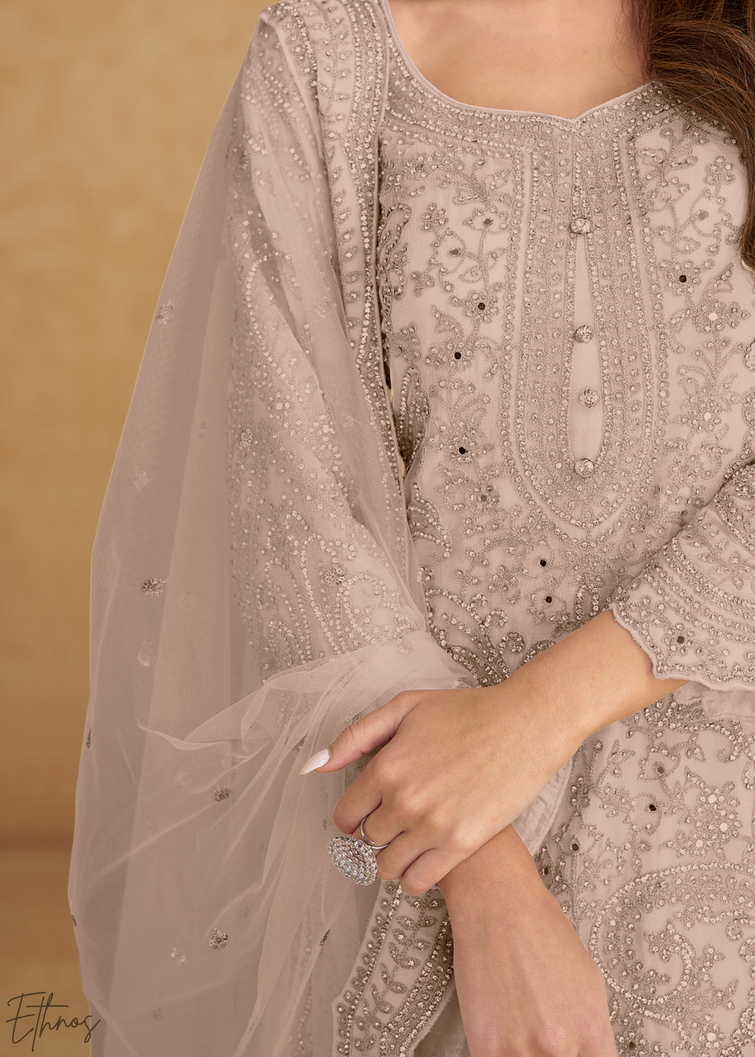 Blush Pink Floral Embroidered Net Sharara Suit