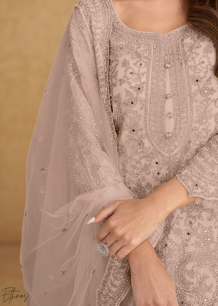 Blush Pink Floral Embroidered Net Sharara Suit
