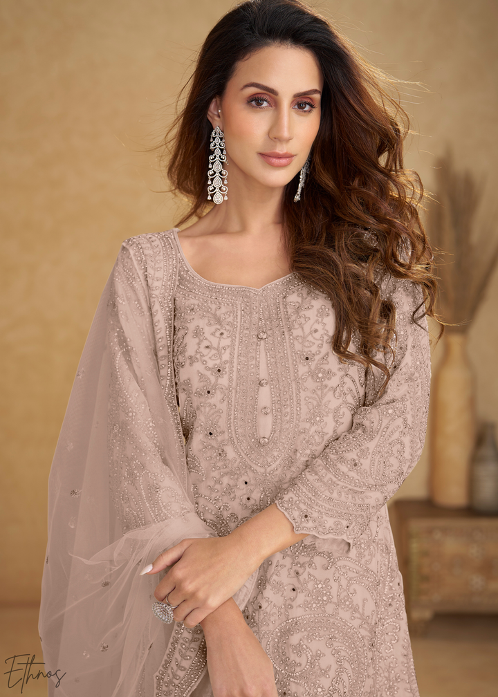 Blush Pink Floral Embroidered Net Sharara Suit