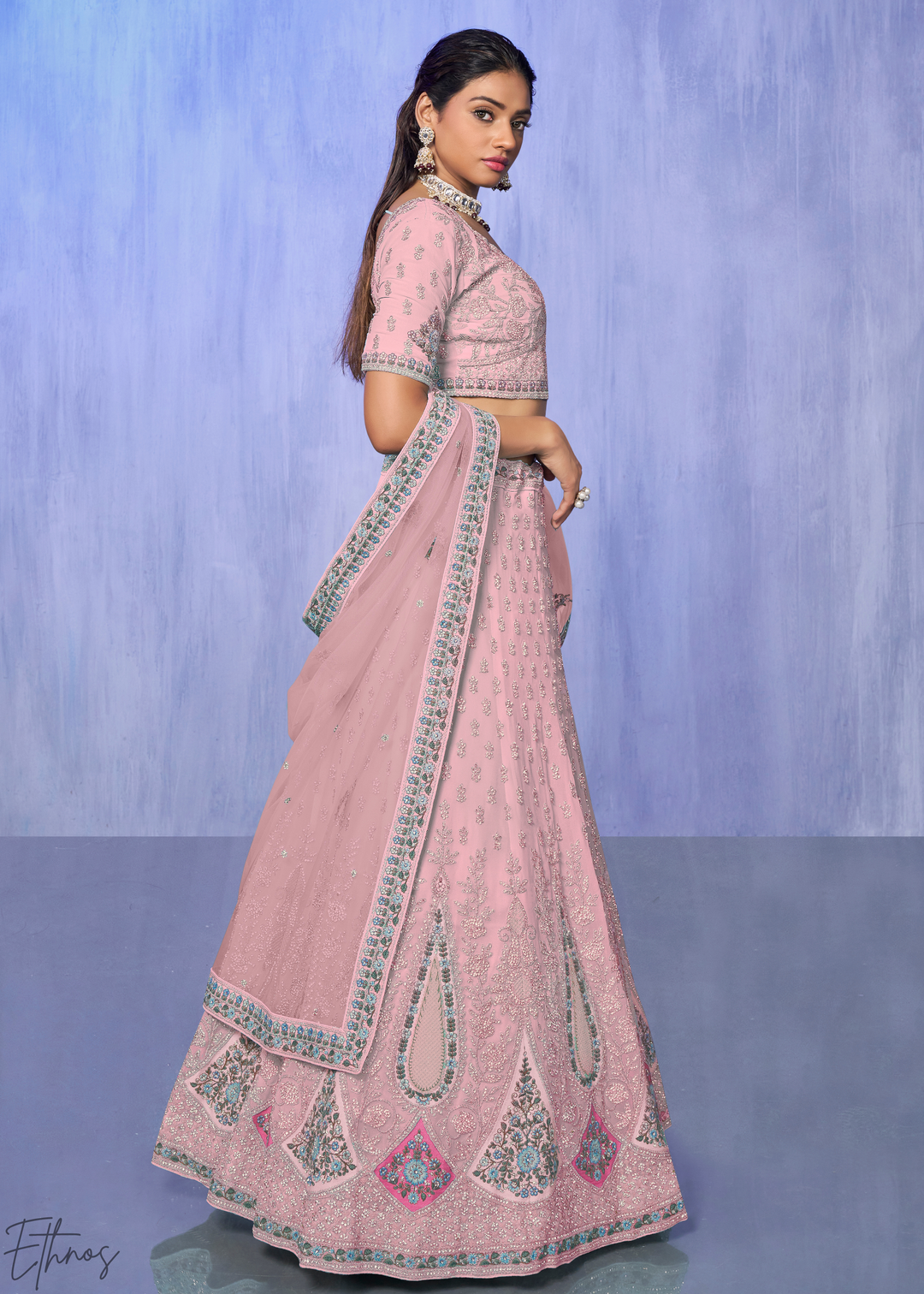 Blush Pink Floral & Paisley Embroidered Georgette Lehenga Choli Set