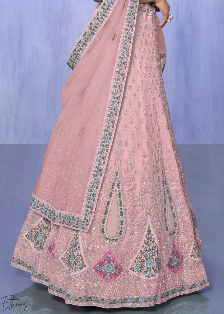 Blush Pink Floral & Paisley Embroidered Georgette Lehenga Choli Set