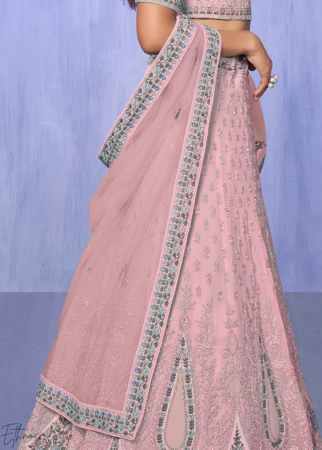 Blush Pink Floral & Paisley Embroidered Georgette Lehenga Choli Set