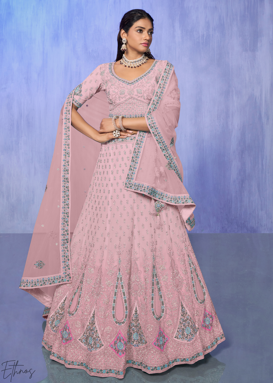 Blush Pink Floral & Paisley Embroidered Georgette Lehenga Choli Set