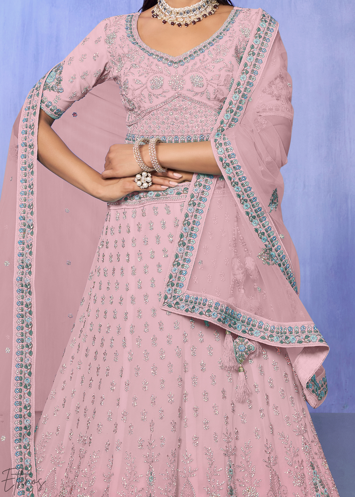 Blush Pink Floral & Paisley Embroidered Georgette Lehenga Choli Set