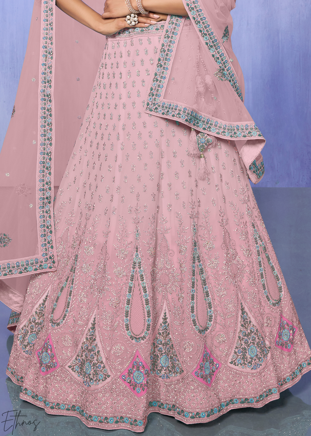 Blush Pink Floral & Paisley Embroidered Georgette Lehenga Choli Set