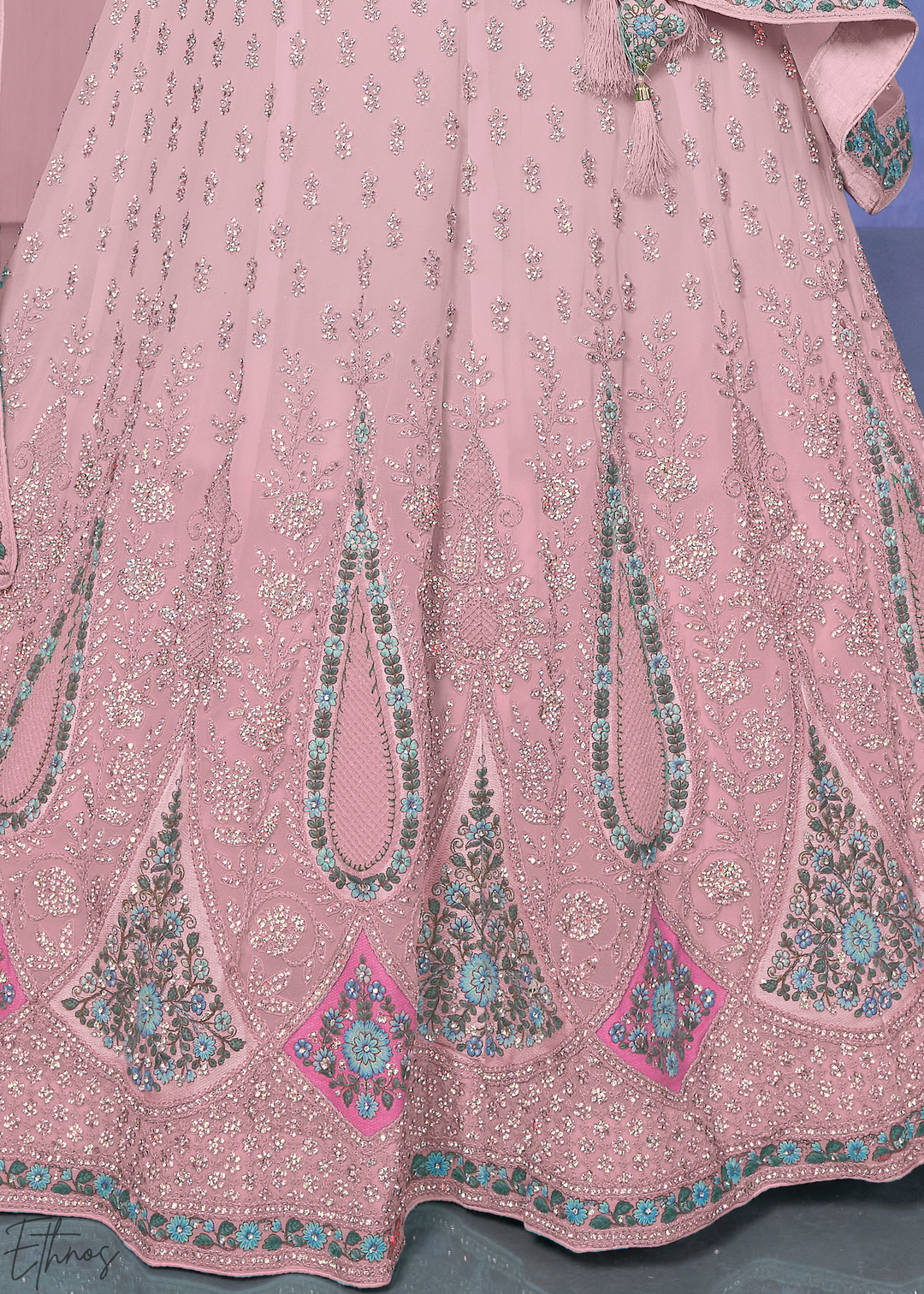 Blush Pink Floral & Paisley Embroidered Georgette Lehenga Choli Set