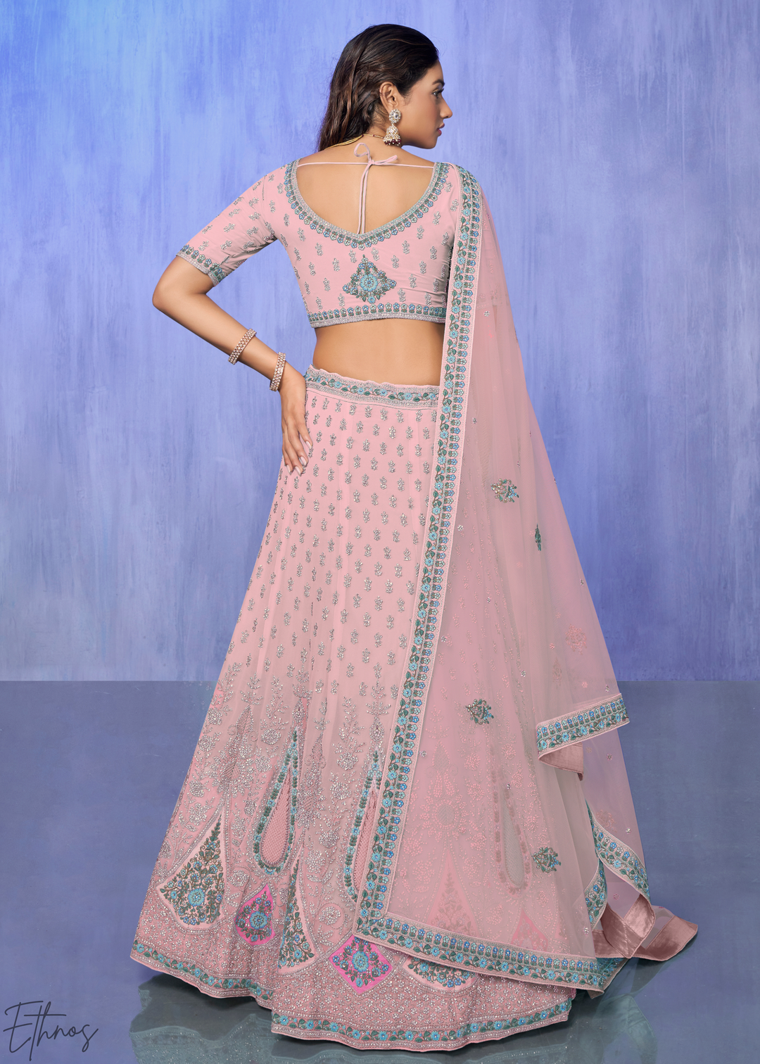 Blush Pink Floral & Paisley Embroidered Georgette Lehenga Choli Set