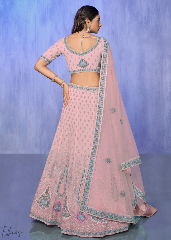 Blush Pink Floral & Paisley Embroidered Georgette Lehenga Choli Set