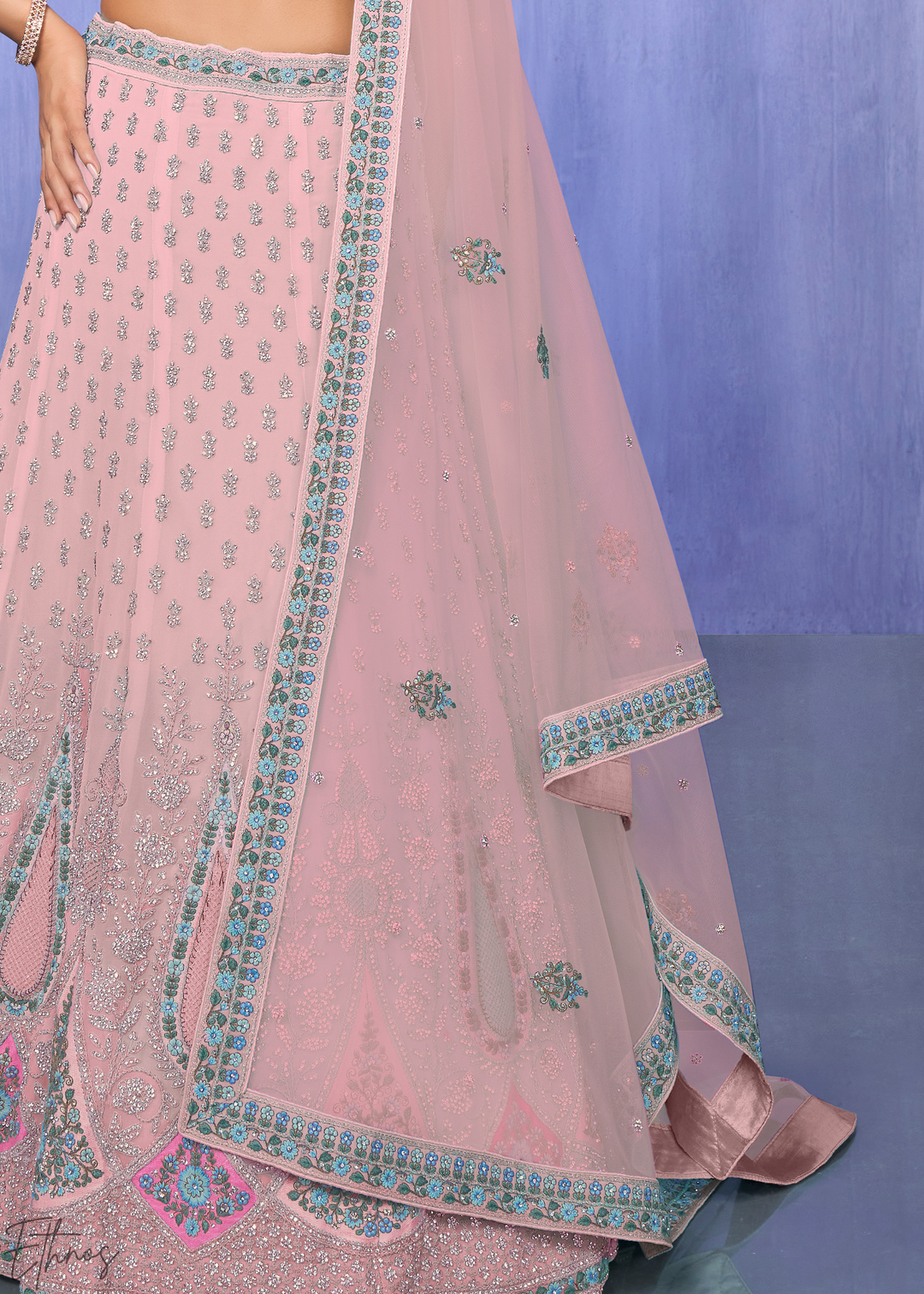 Blush Pink Floral & Paisley Embroidered Georgette Lehenga Choli Set