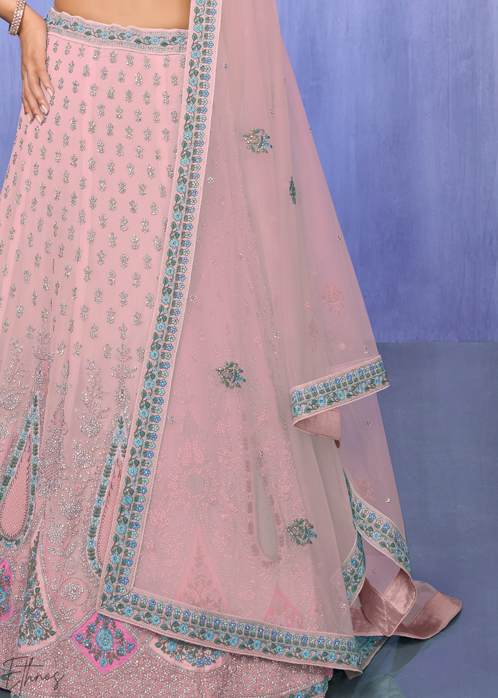Blush Pink Floral & Paisley Embroidered Georgette Lehenga Choli Set